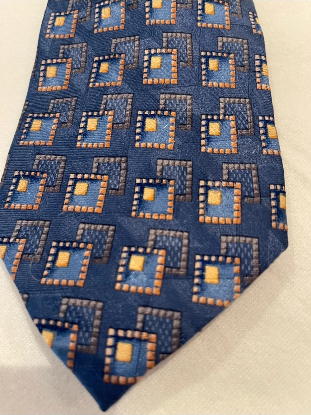 Ermenegildo Zegna Blue Silk Tie with Tan Geometric Squares